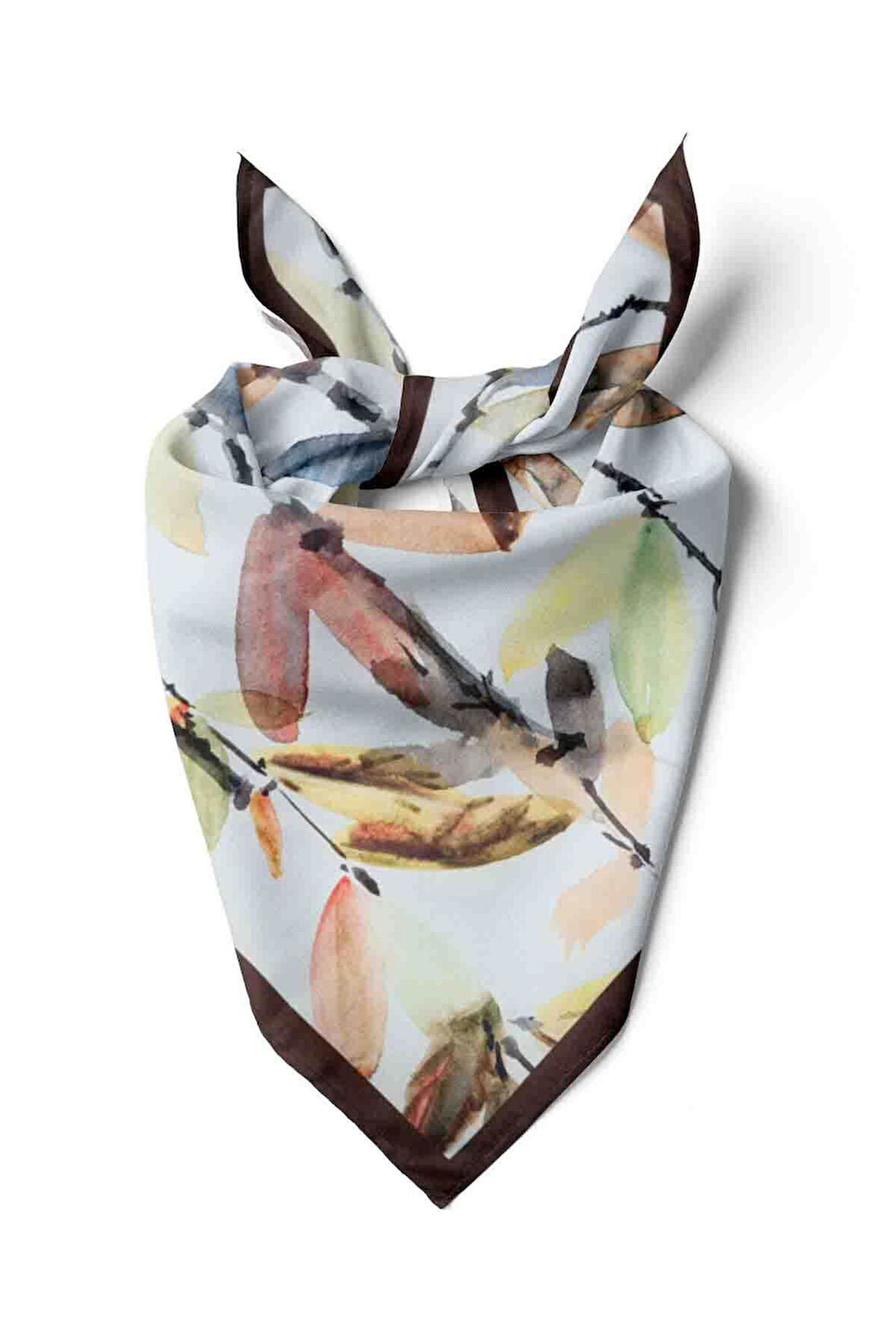 B108 Kadın Yaprak Desenli Bandana 50x50 Yeşil Kahverengi DG0443-22 Snz