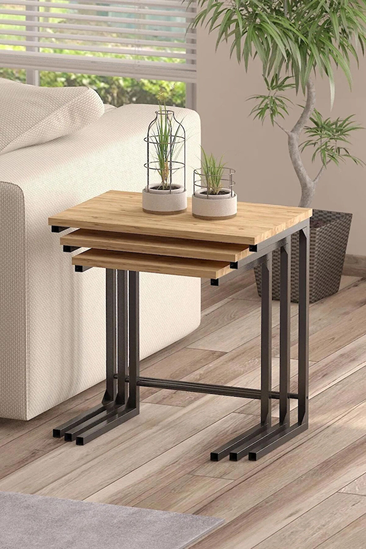 3’lü Atlantik Çam- Siyah Renk Zigon Sehpa Metal Zigon Sehpa C Sehpa Servis Sehpası