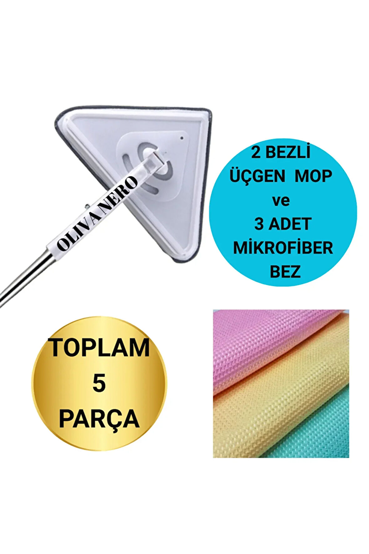 2 Bezli Üçgen Mop Temizlik Seti – 145 cm Sap + 3 Adet Mikrofiber Bez Temizlik Bezi - 2’Lİ SET