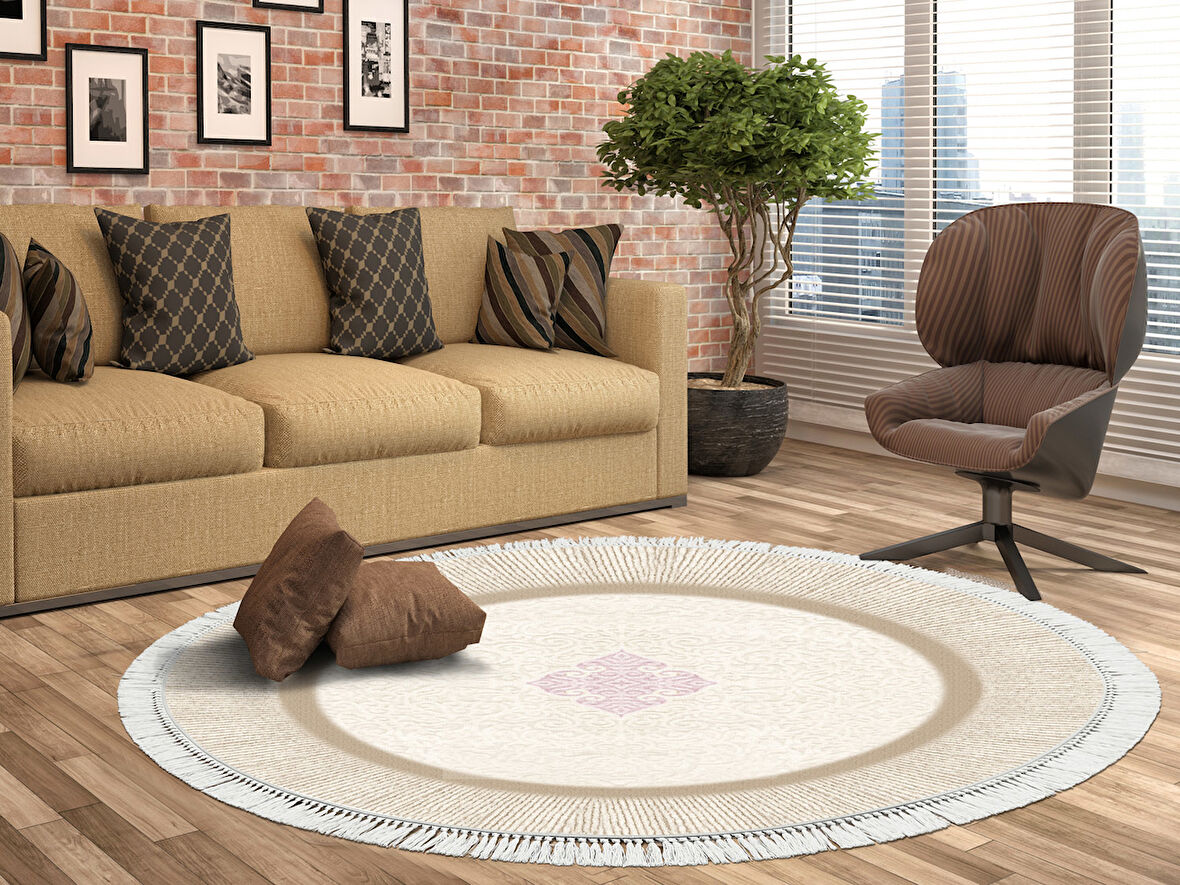 Dekoreko İpek Halı Dijital Saçaklı Yuvarlak 1907 Desen 1