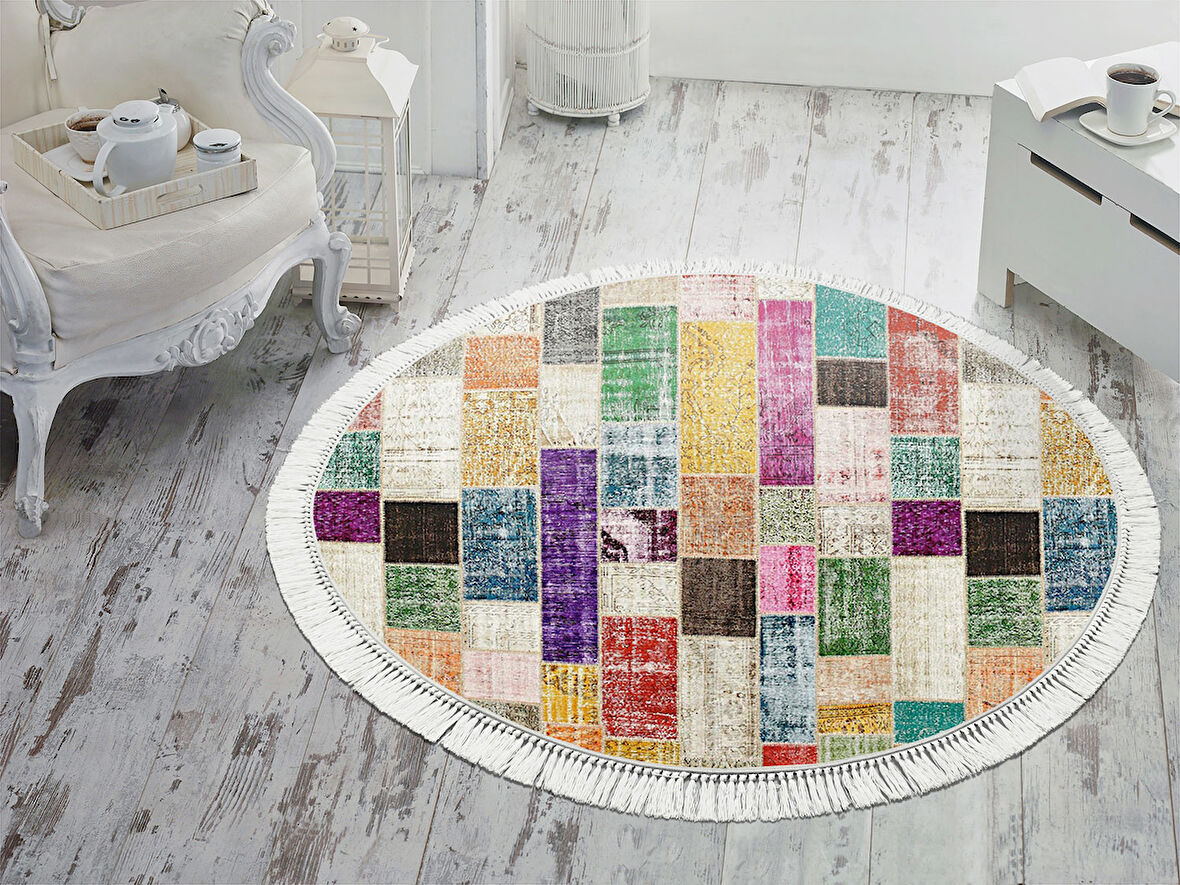 Dekoreko İpek Halı Dijital Saçaklı Yuvarlak 1879 Desen 1