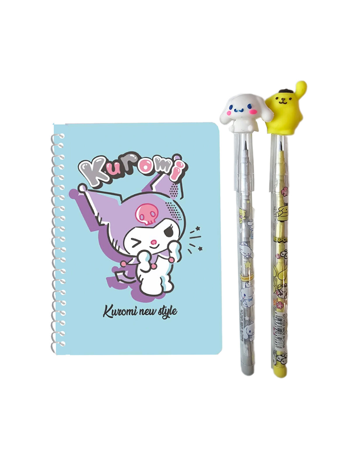 Mavi Kuromi Not Defteri + Cinnamoroll Figürlü Kalem + Pompompurin Figürlü Kalem, Kromi, Sinamorol, Cinamorol (3 Parça)