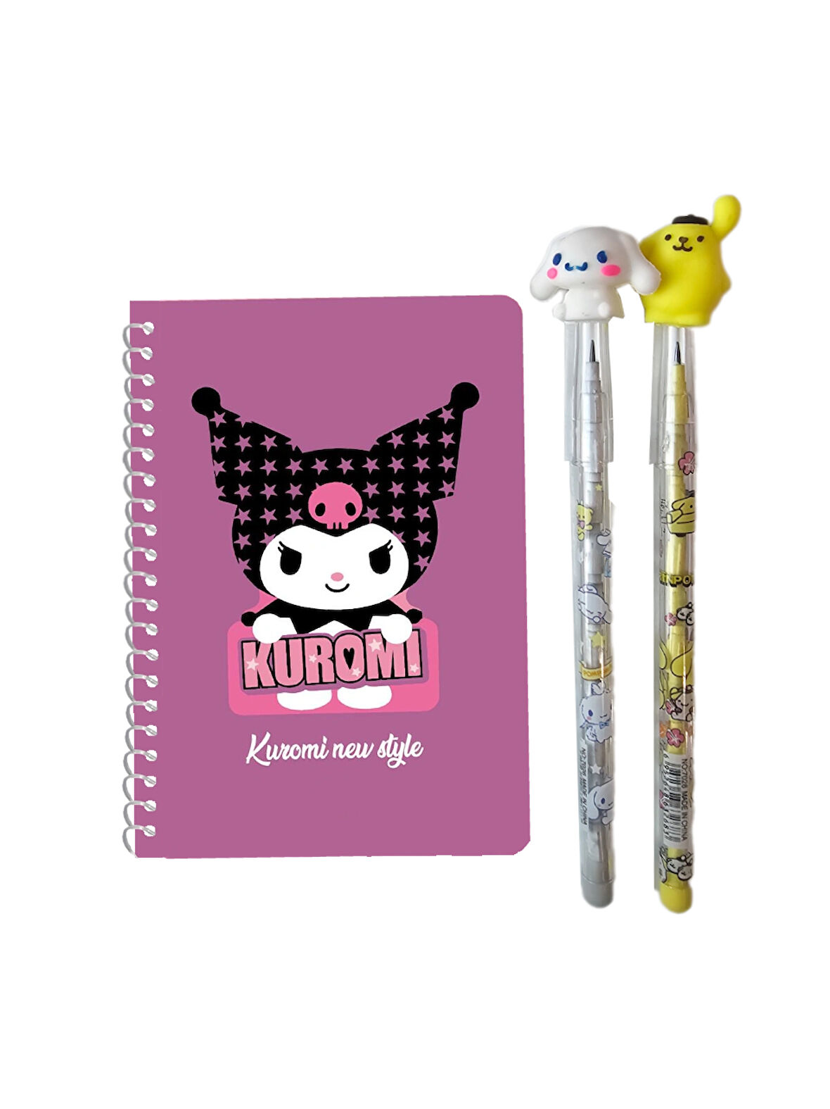 Mor Kuromi Not Defteri + Cinnamoroll Figürlü Kalem + Pompompurin Figürlü Kalem, Kromi, Sinamorol, Cinamorol (3 Parça)