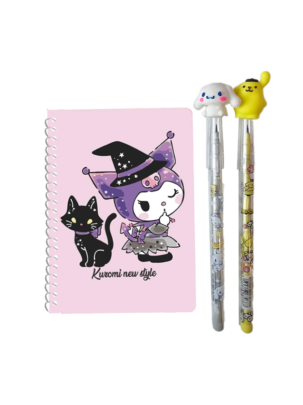 Pembe Kuromi Not Defteri + Cinnamoroll Figürlü Kalem + Pompompurin Figürlü Kalem, Kromi, Sinamorol, Cinamorol (3 Parça)