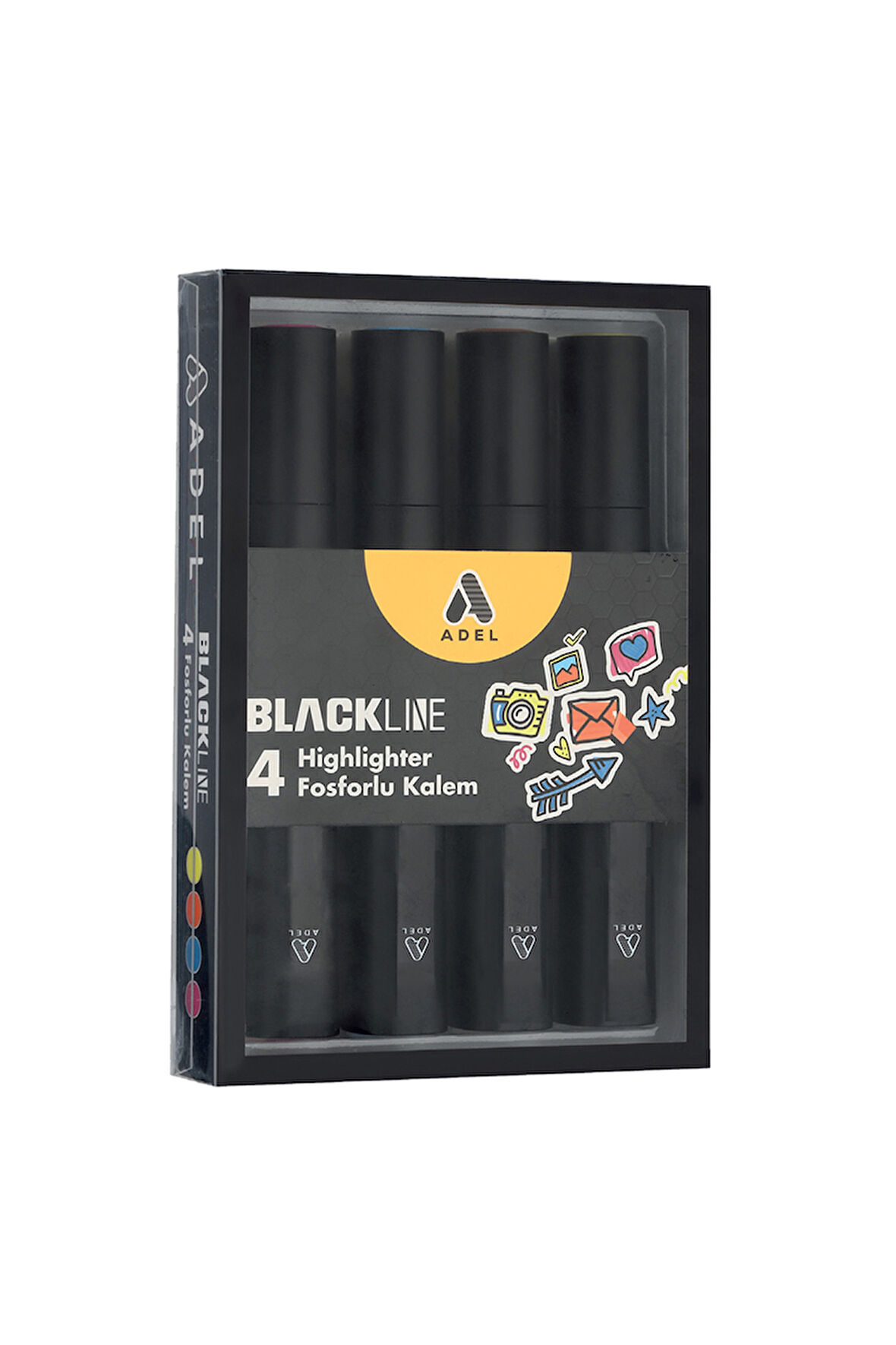 Blackline Fosforlu Kalem, 4'lü Set,Kesik Uçlu, Canlı Renkler 