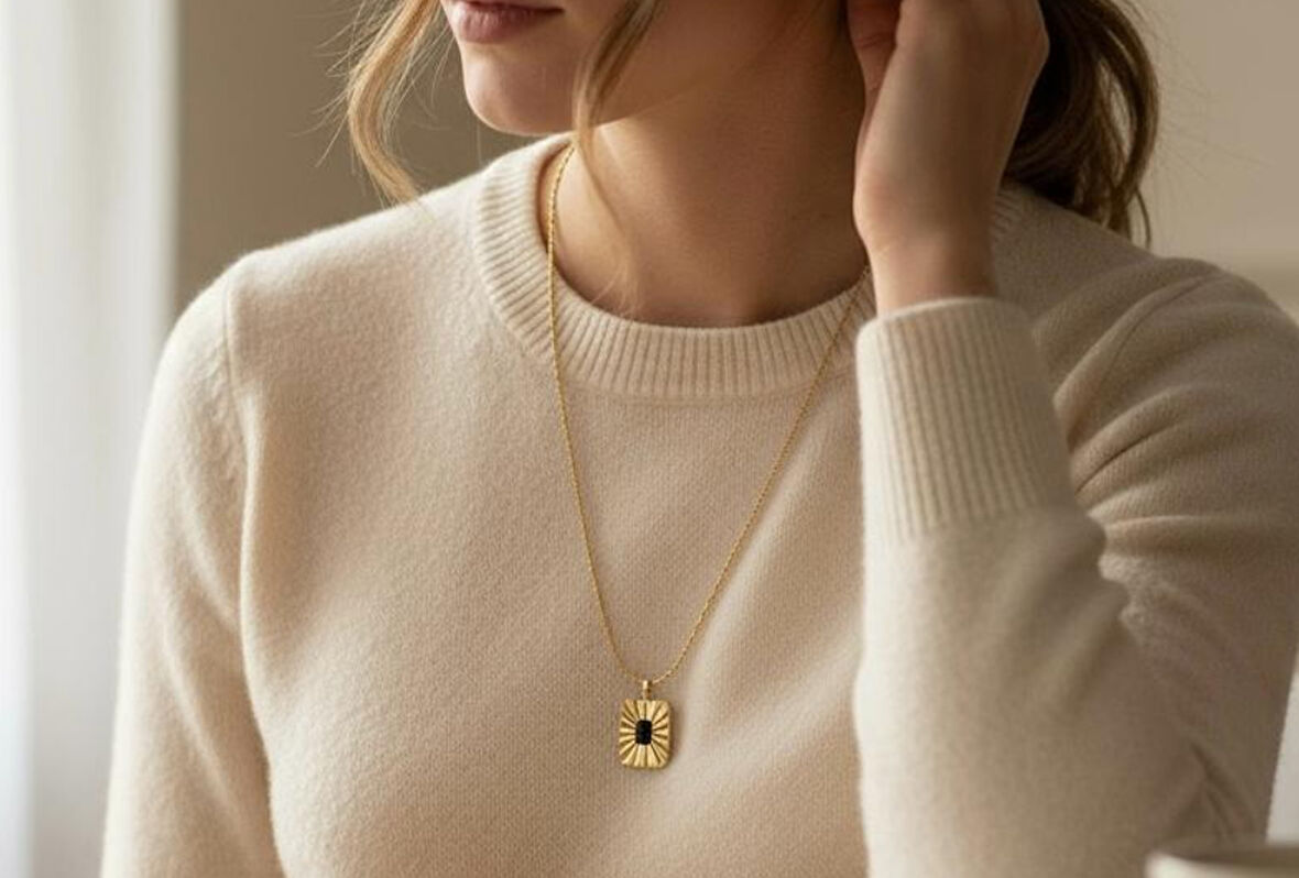 14K VIP Gold Renk Siyah Taşlı Kolye - 60 cm Zincir