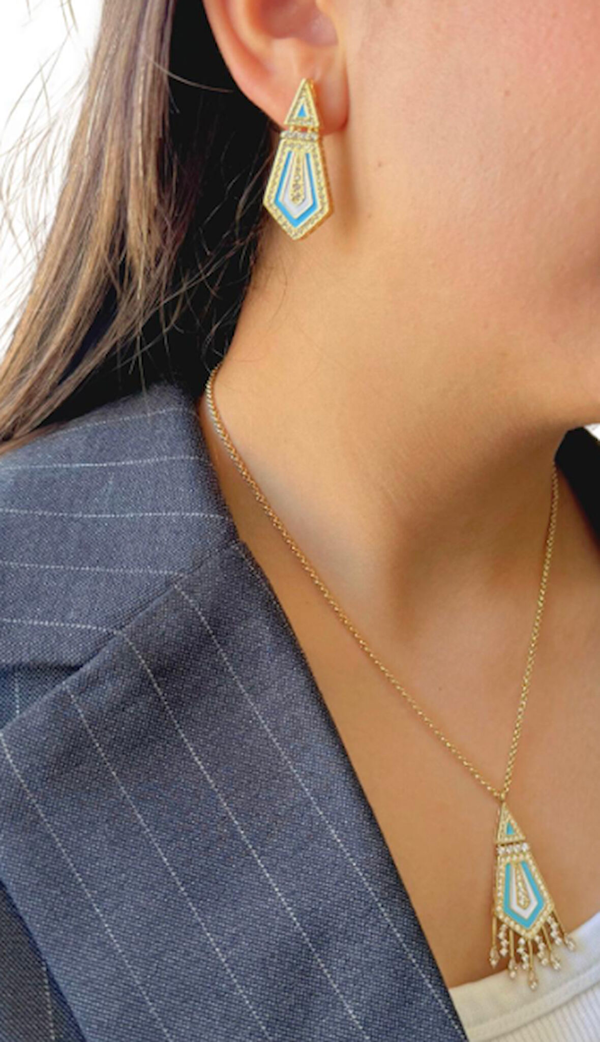 Turkuaz Taşlı Geometrik Desenli Çelik Kolye ve Küpe Takımı