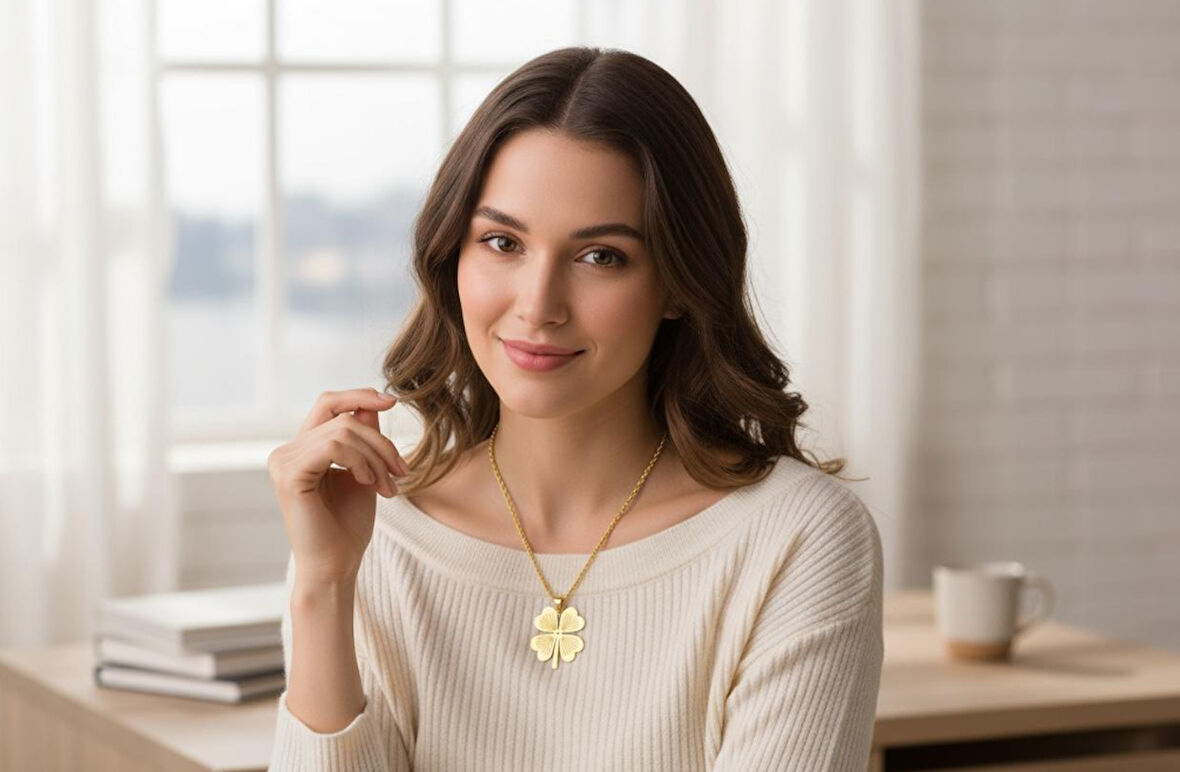 Altın Renk Çelik Dört Yapraklı Yonca Figürlü Zincir Kolye- 60 cm