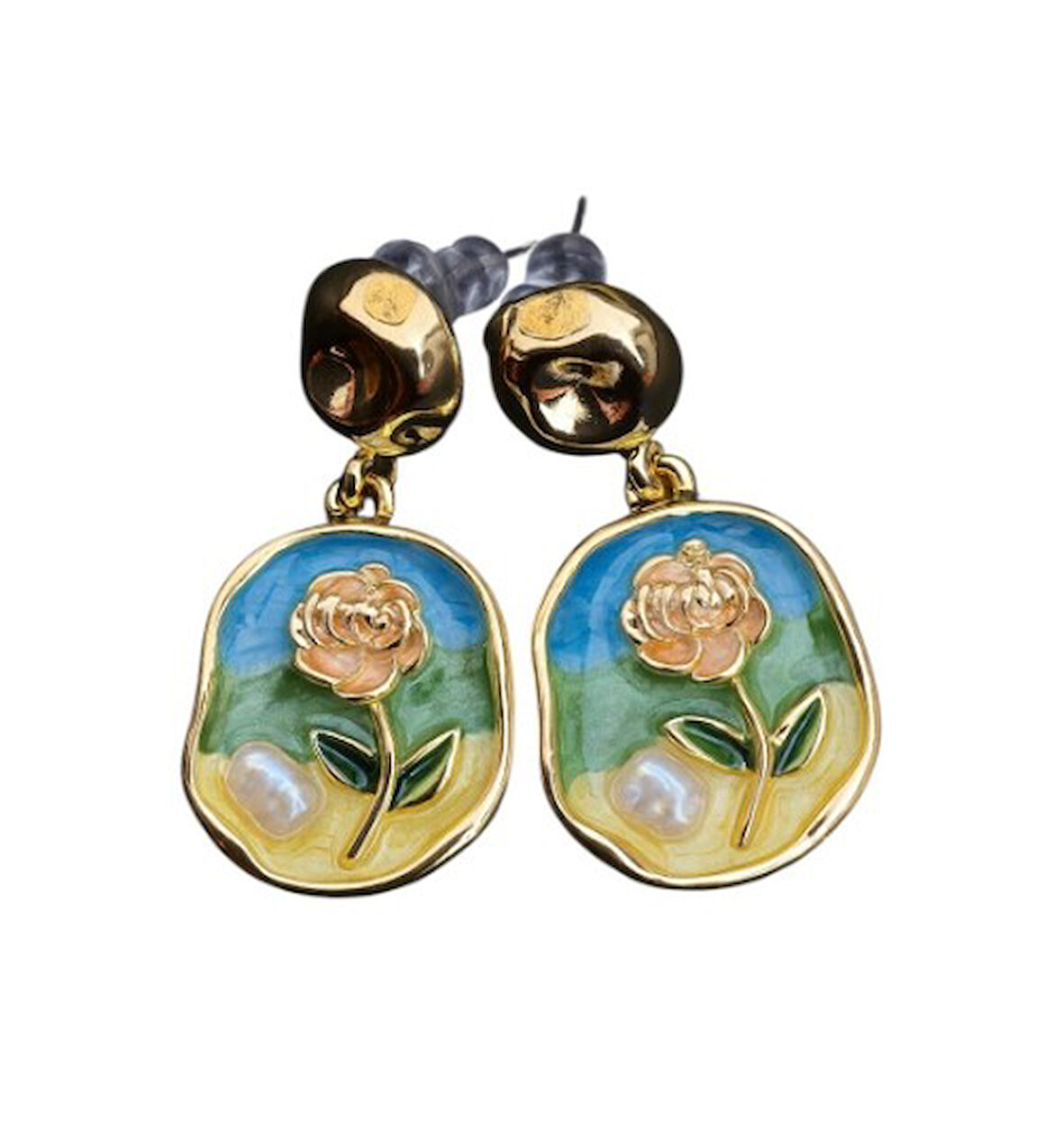 Mavi Desenli Çiçek Motifli Modern Küpe