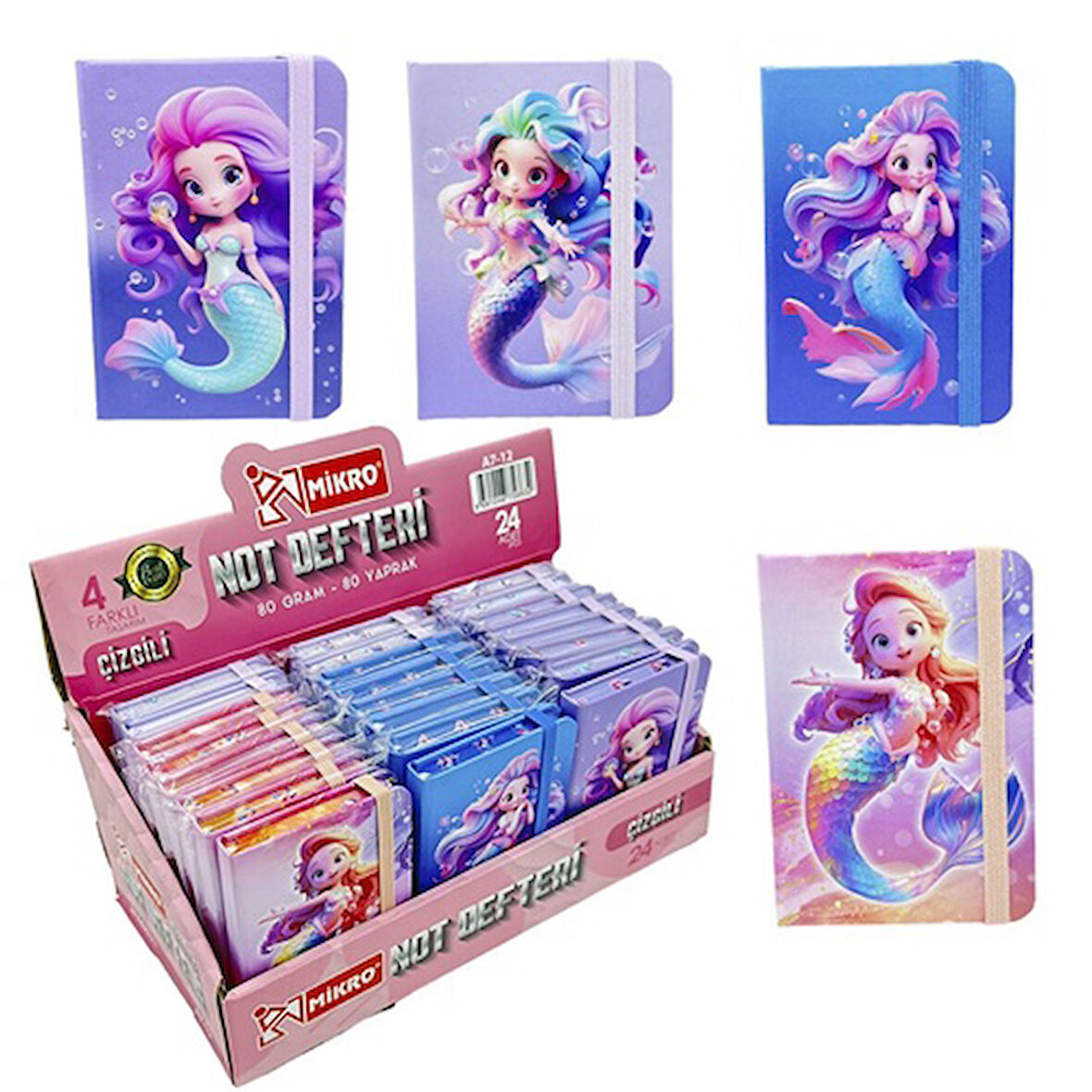 Mermaid Not Defteri Lastikli 80 Yaprak A7 Karışık Desen - 3 adet