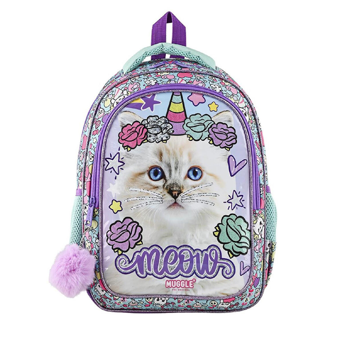 Muggle 2 Bölmeli Pretty Cat Meow Okul Sırt Çantası Mor (MU-9022)