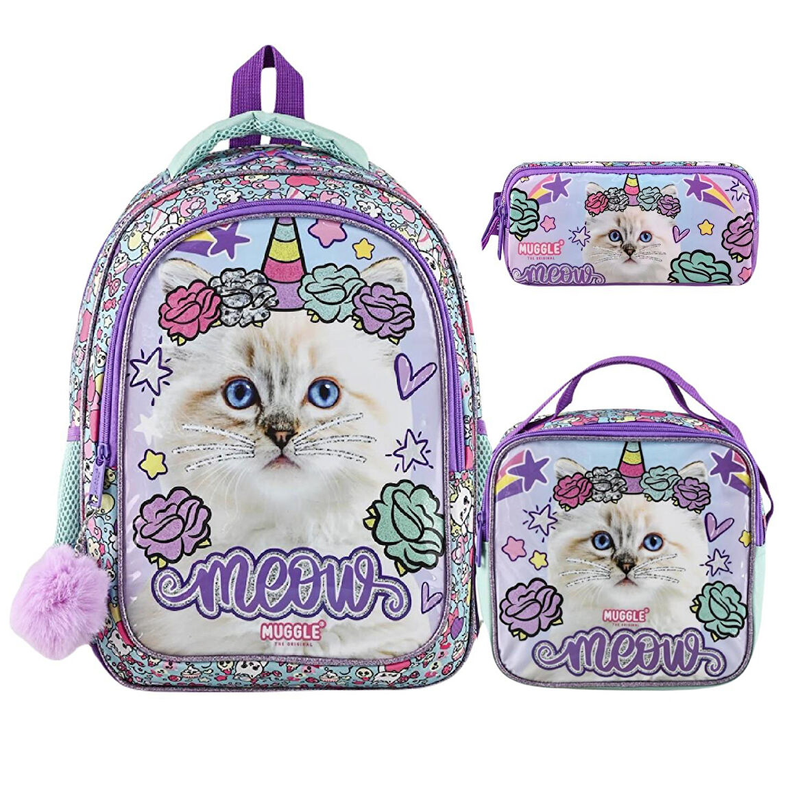 Muggle 2 Bölmeli Pretty Cat Meow Okul Çantası + Beslenme Çantası +Kalemlik