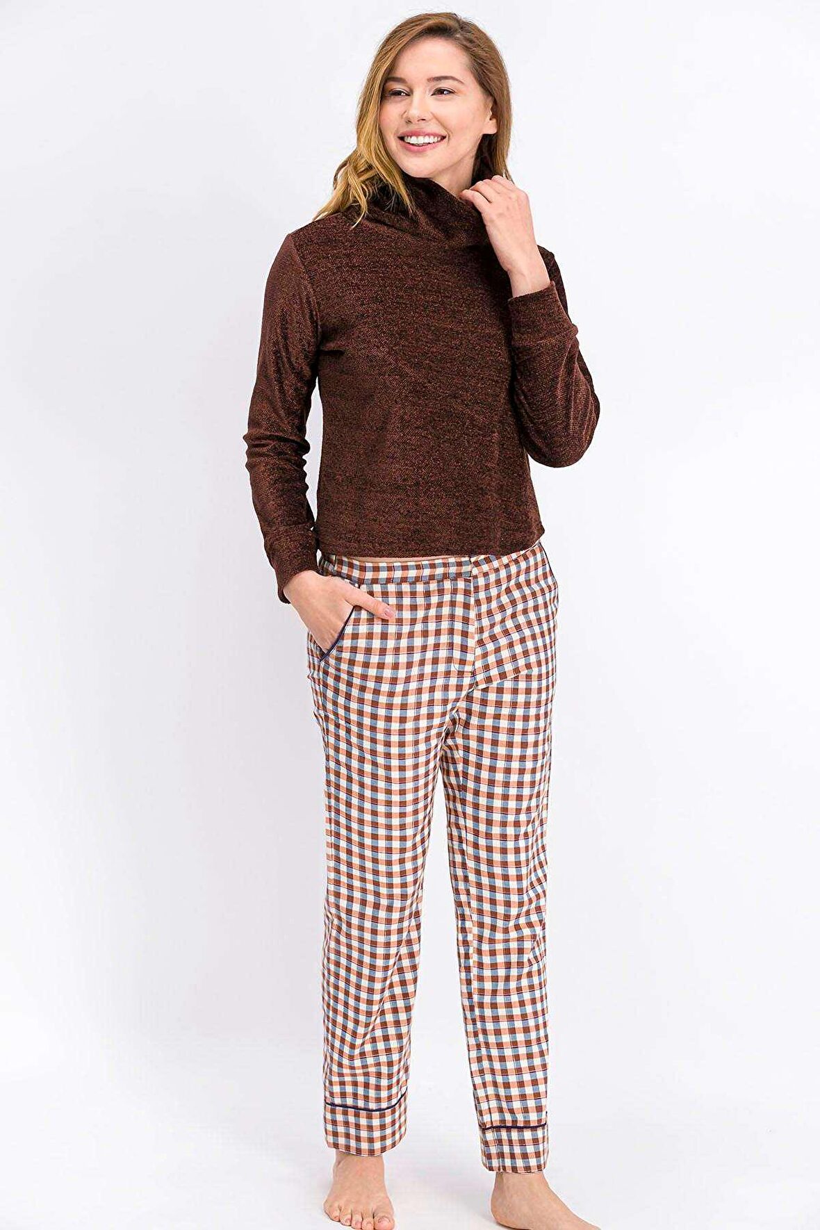 Arnetta Checked Kahverengi Kadın Balıkçı Yaka Pijama Takımı