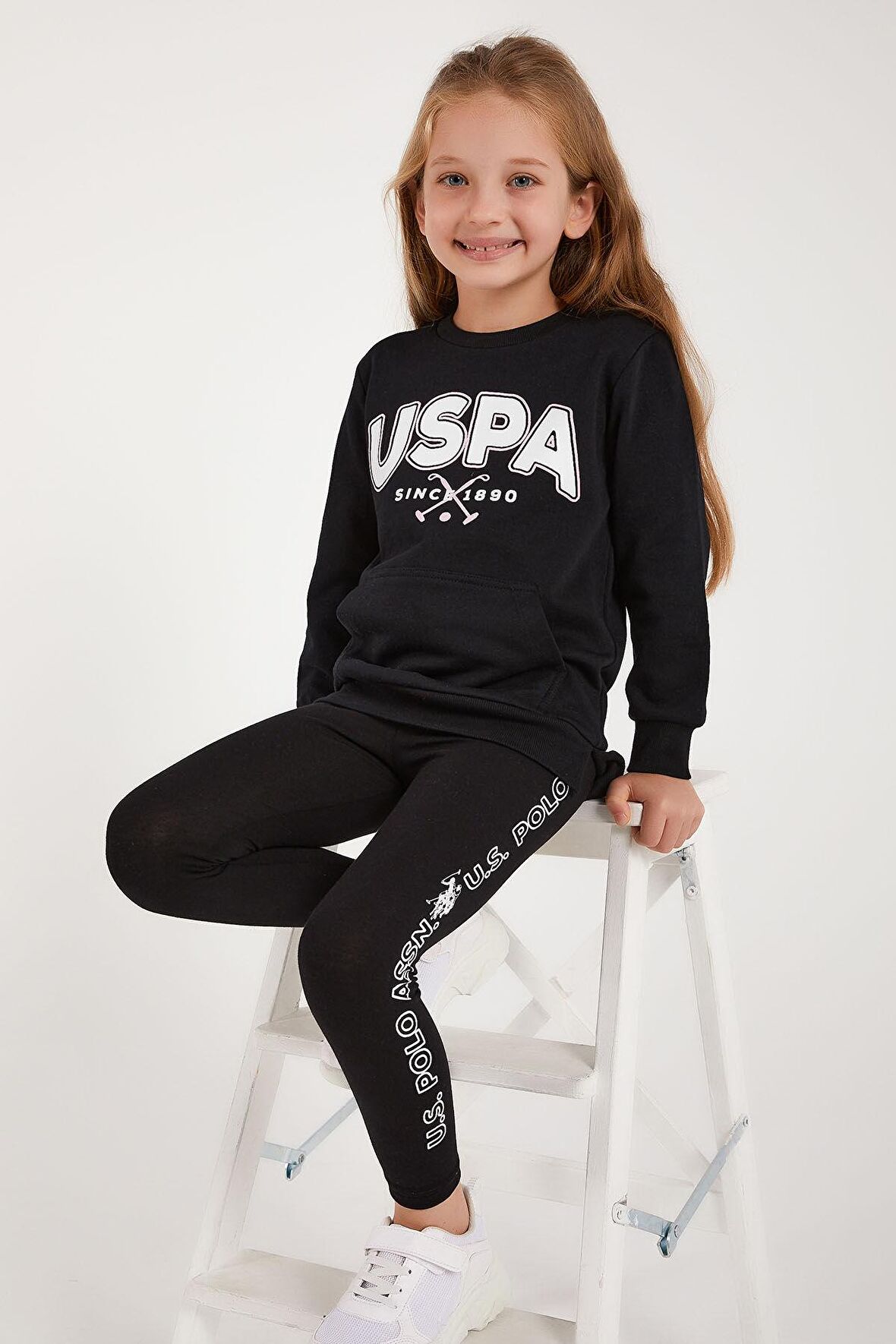 U.S. Polo Assn Lisanslı Siyah Kız Çocuk Kanguru Cepli Tayt Takım