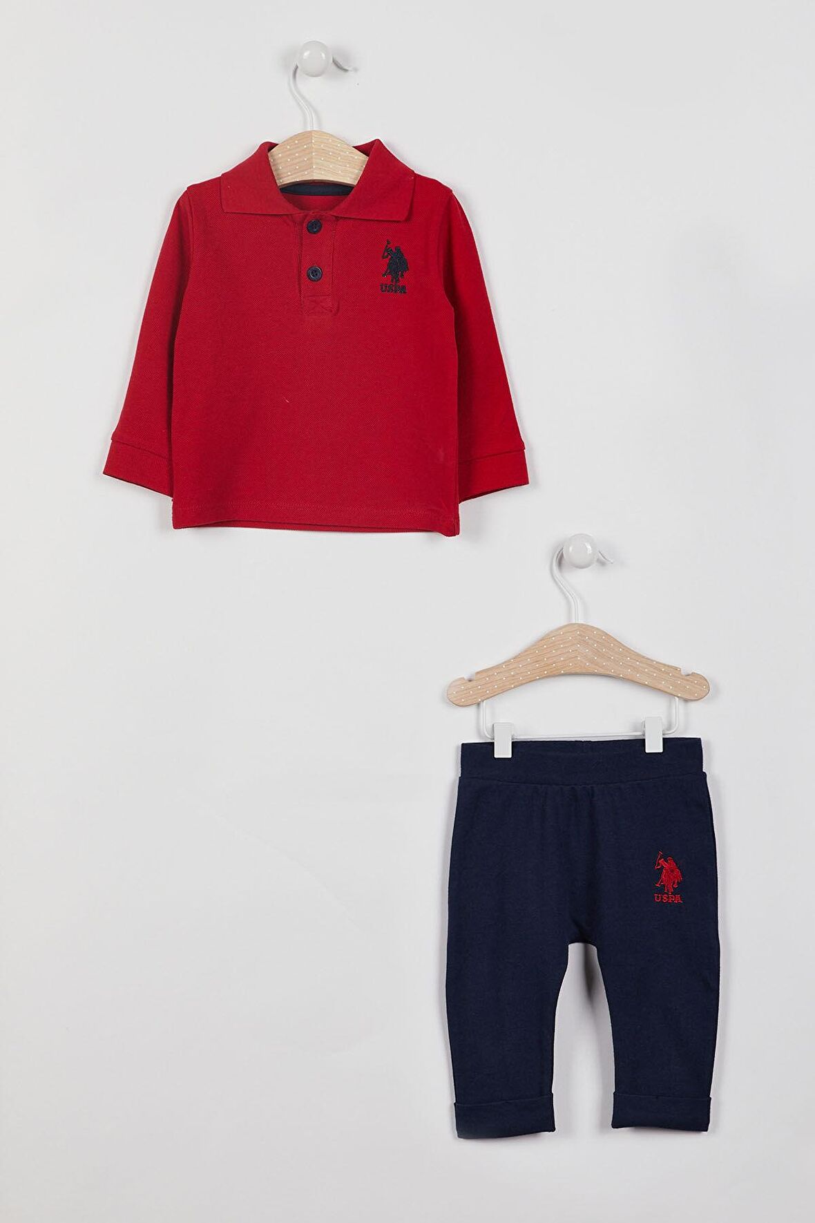 U.S. Polo Assn Lisanslı Yaka Düğmeli Kırmızı Erkek Bebek Uzun Kol Sweatshirt Takım