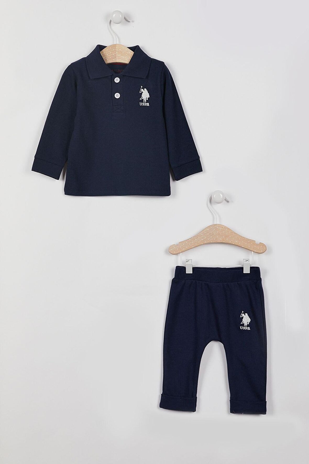 U.S. Polo Assn Lisanslı Yaka Düğmeli Lacivert Erkek Bebek Uzun Kol Sweatshirt Takım
