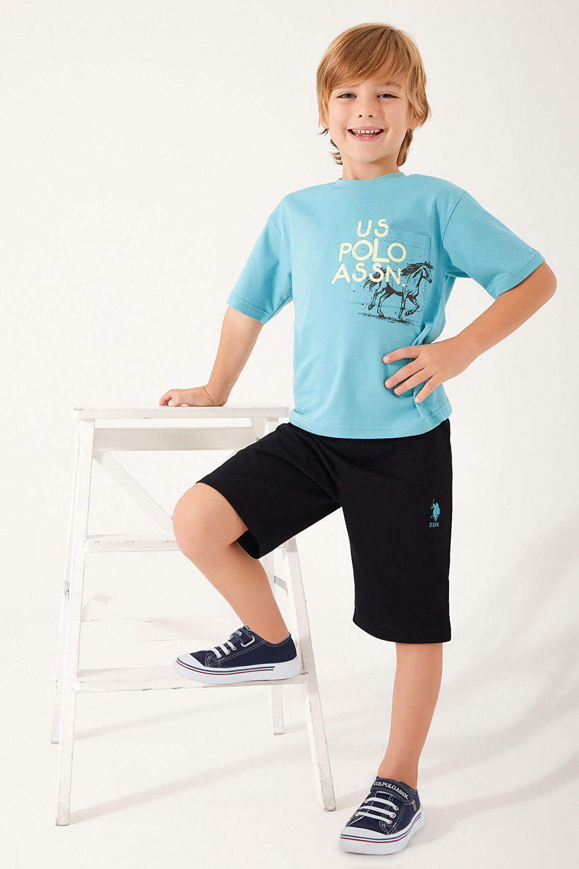 U.S. Polo Assn Horse Picture Pattern Mavi Erkek Çocuk Bermuda Takım
