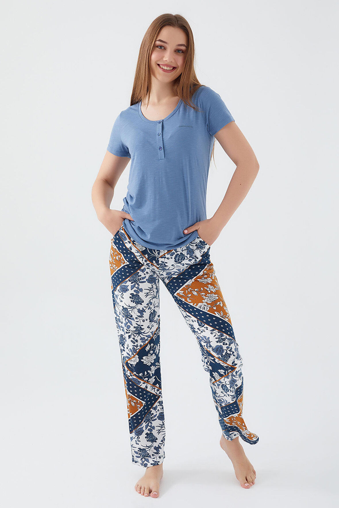Pierre Cardin Flowered Leaves Gece Mavisi Kadın Kısa Kol Pijama Takım