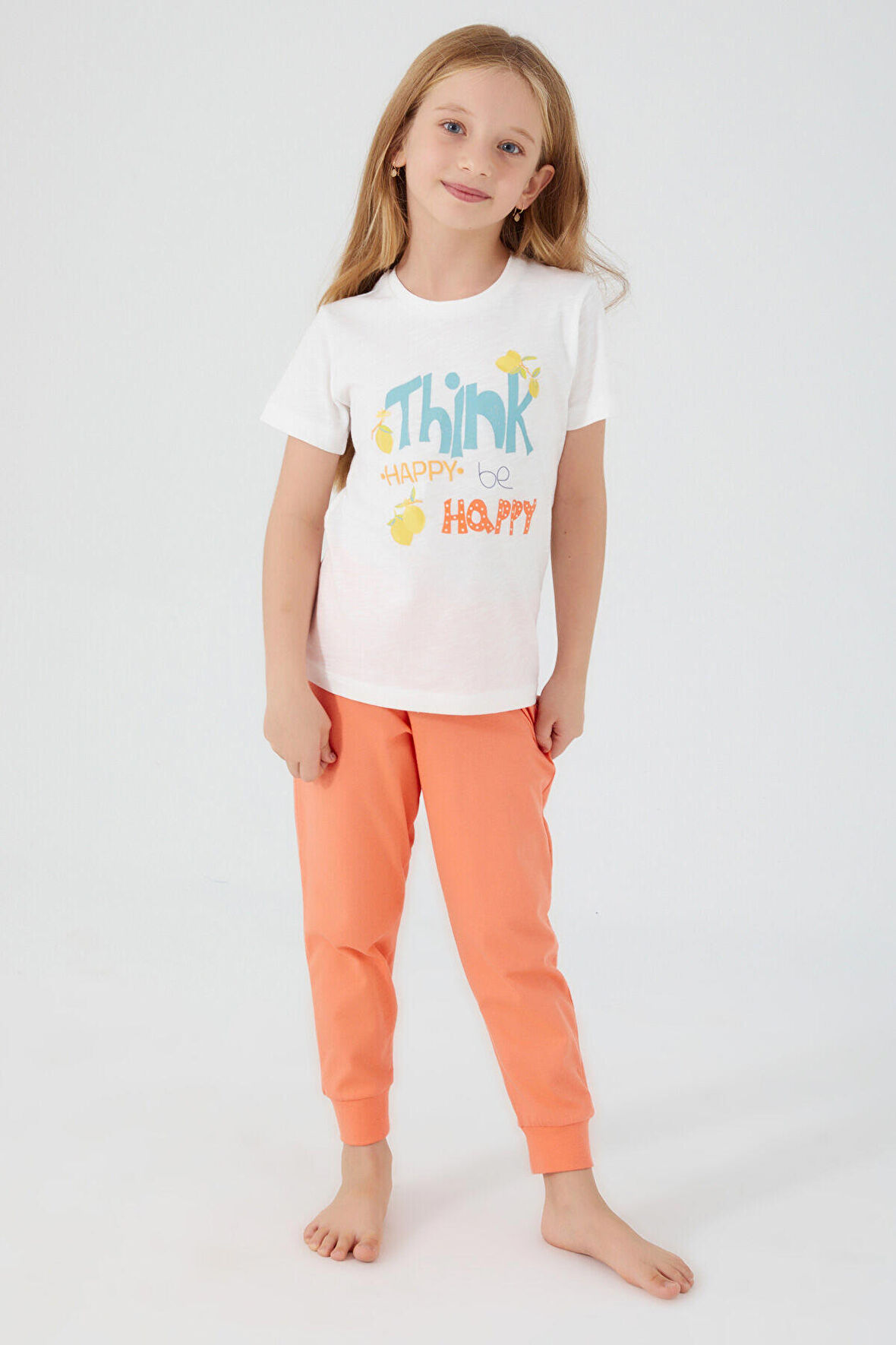 Rolypoly Think Happy Be Happy Krem Kız Çocuk Kısa Kol Pijama Takım