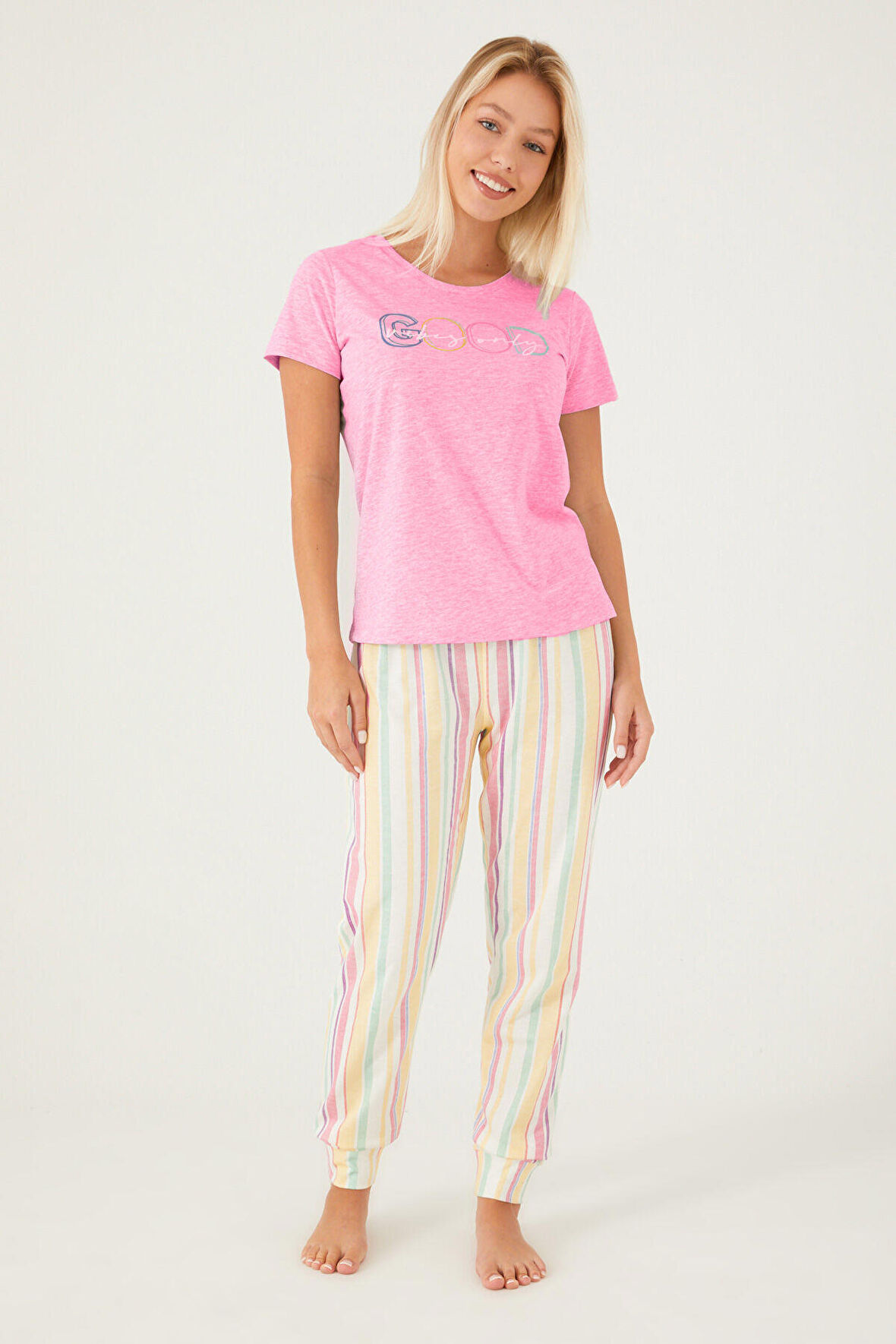 Arnetta Good Vibes Only Pembe Kadın Kısa Kol Pijama Takım