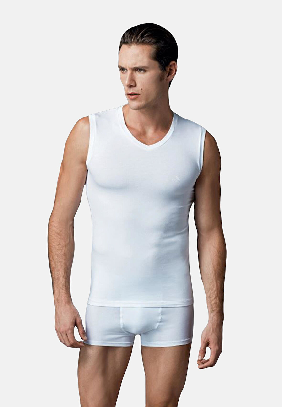 Eros 006 2'Li Beyaz Paket Likralı V Yaka Sıfır Kol Erkek Atlet