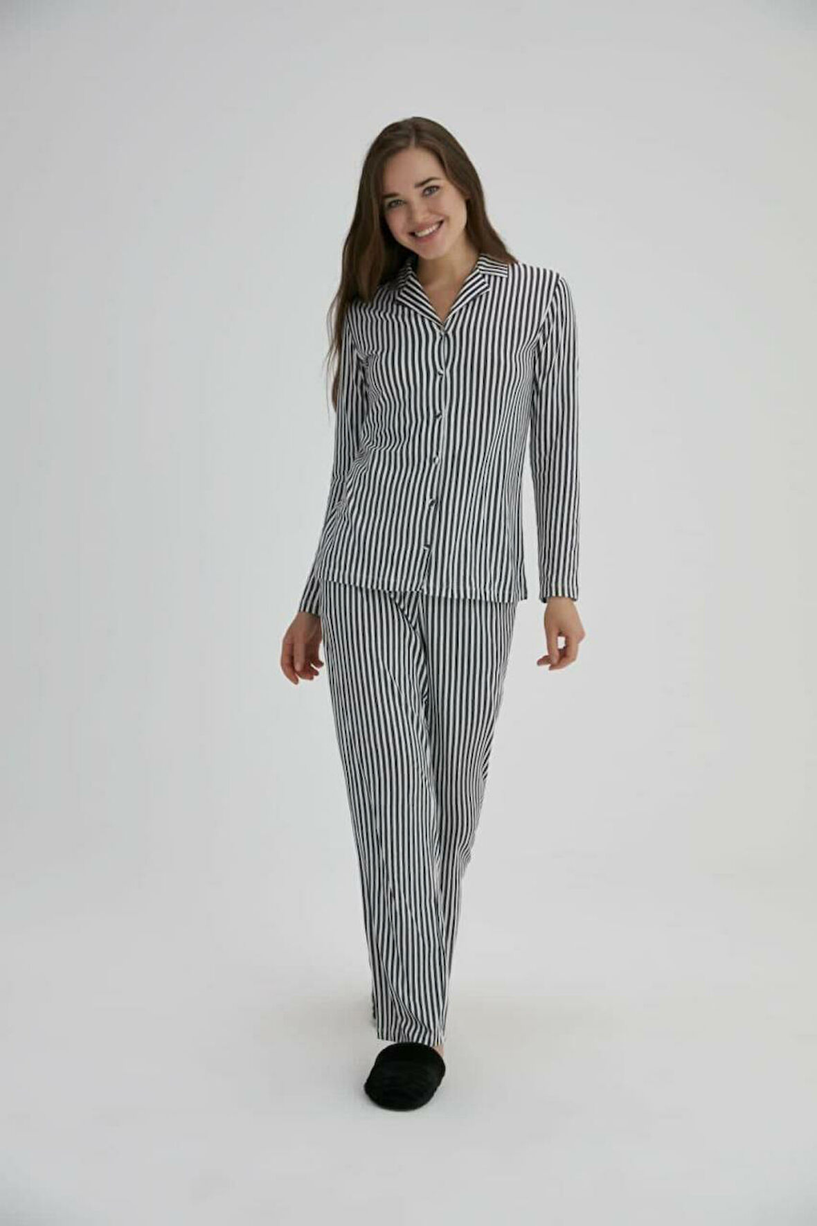 Eros Çizgili Kadın Pijama Takımı Siyah 2 Pijama Takımı