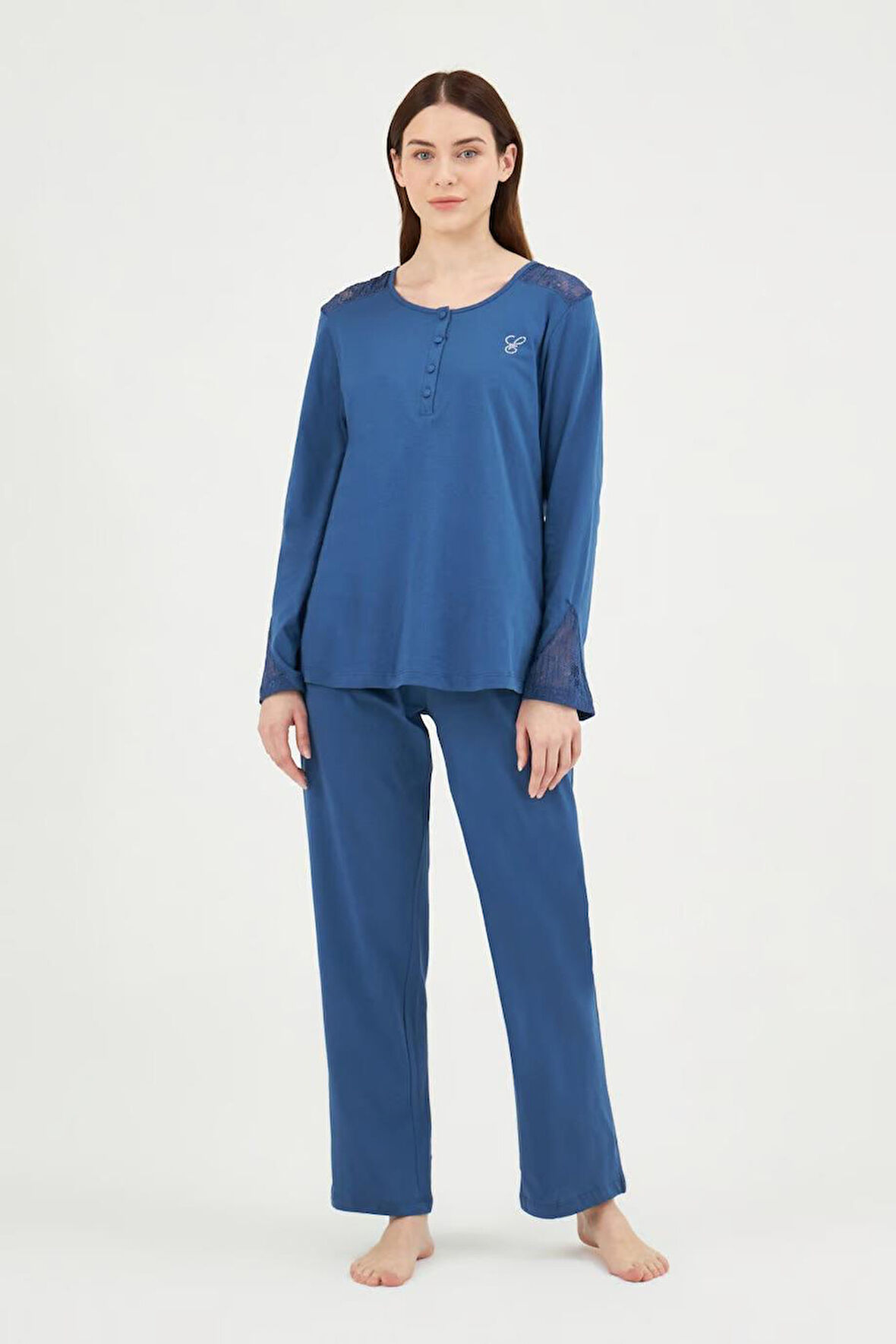 Eros 29540 İndigo Pamuklu Dantel Detaylı Kadın Pijama Takımı 