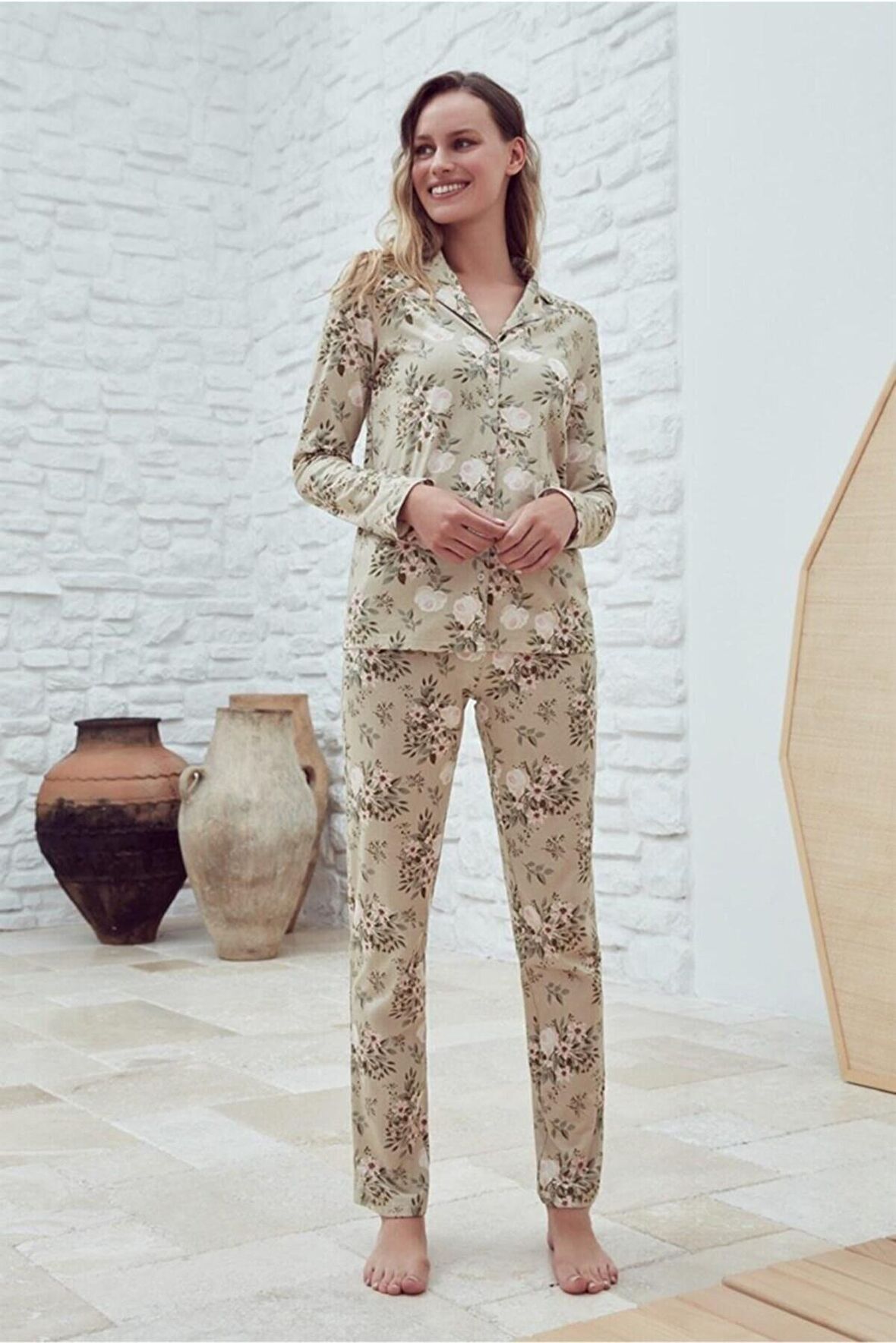 Eros ESK29600 Pam. Gül Desenli Gömlek Pijama Takımı Yeşil ESK0221K0035