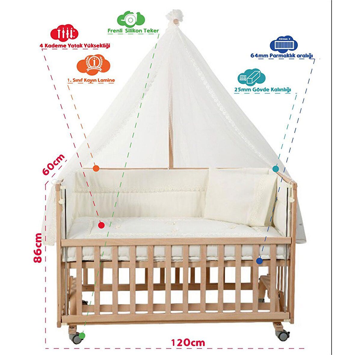 baby plus Doğal Ahşap Anne Yanı Bebek Karyolası 60x120 cm