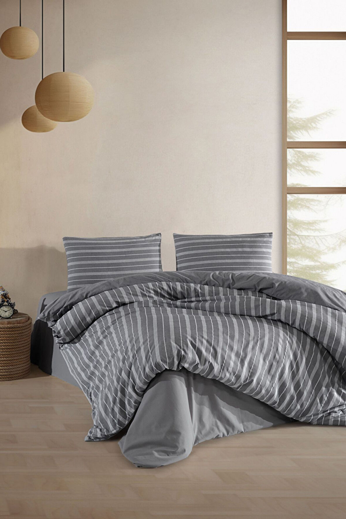 Varol Çarşafı Lastikli Saten Çizgili Çift Kişilik Nevresim Takım