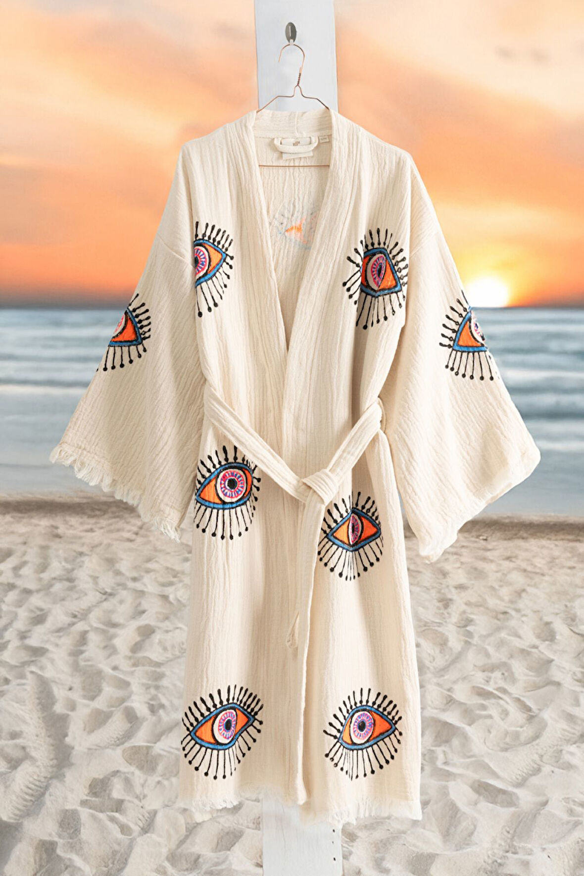 Varol Organik %100 Pamuk Kimono Yaka Sabalık Bornoz Plaj Elbisesi - Göz - L/XL