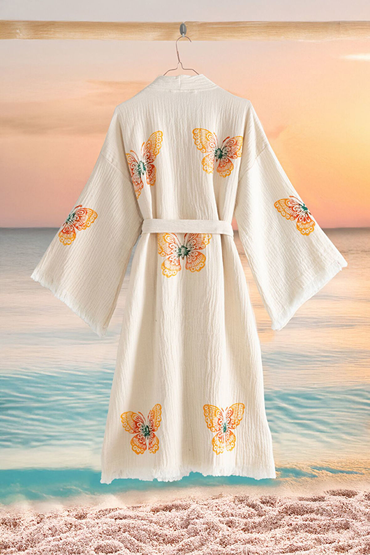 Varol Organik %100 Pamuk Kimono Yaka Sabalık Bornoz Plaj Elbisesi - Kelebek - L/XL