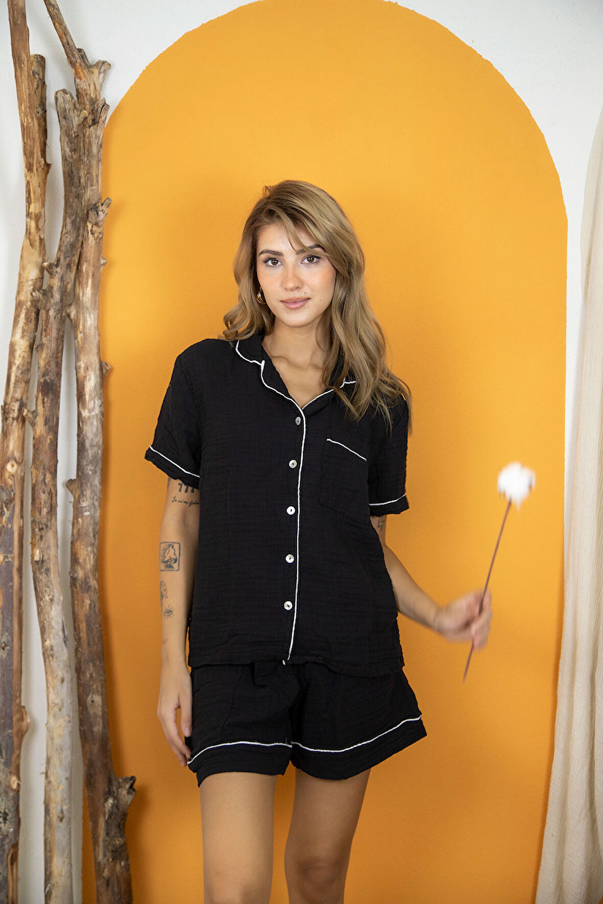 Varol %100 Pamuk Müslin Kadın Şortlu Pijama & Ev Giyim Takımı – Siyah