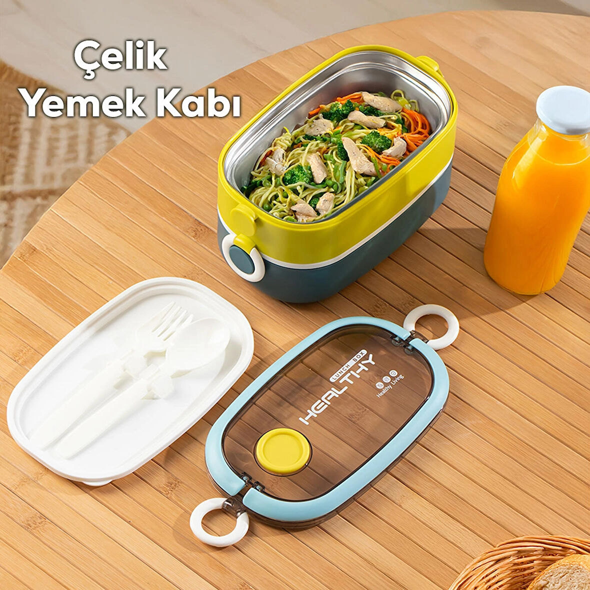 Porsima 66729 Stainless Steel Vakumlu Lunch Box İki Katlı Paslanmaz Çelik Kolay Kilitlenir Kendinden Kaşıklı Sefer Tası – 1300ml Mavi-Sarı