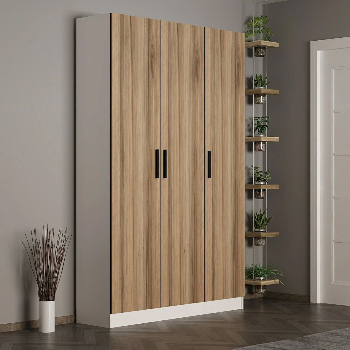 Minar Kale 210 Cm 3 Kapaklı 1B Raf Portmanto Beyaz Dore