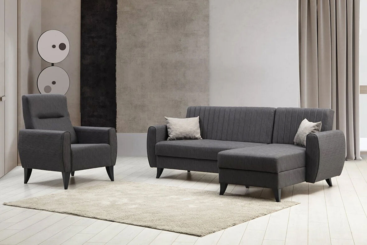 Alkon Sandıklı Bazalı L Köşe Koltuk + Berjer Set Koyu Gri