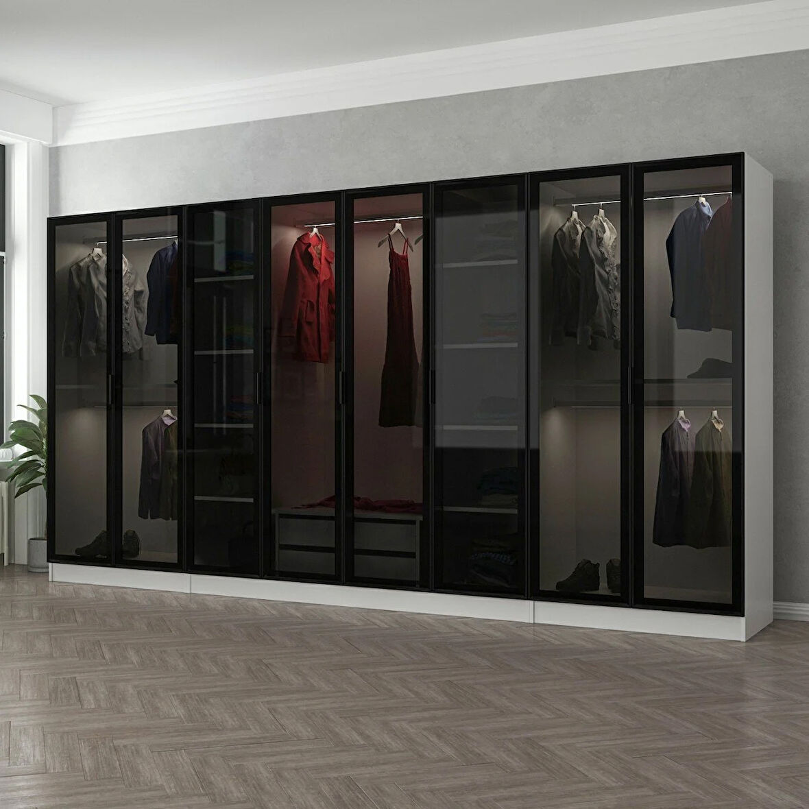 Minar Kale 8 Cam Kapaklı 2 Çekmeceli Dolap - Beyaz/Siyah 210CM