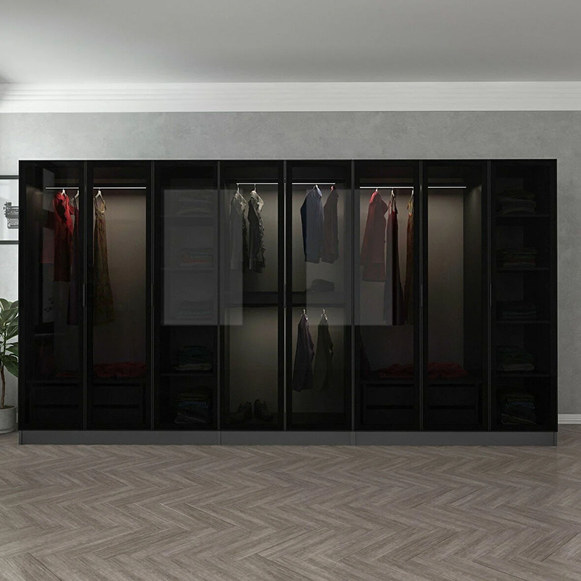 Minar Kale 8 Cam Kapaklı 4 Çekmeceli Dolap - Antrasit/Siyah 190CM