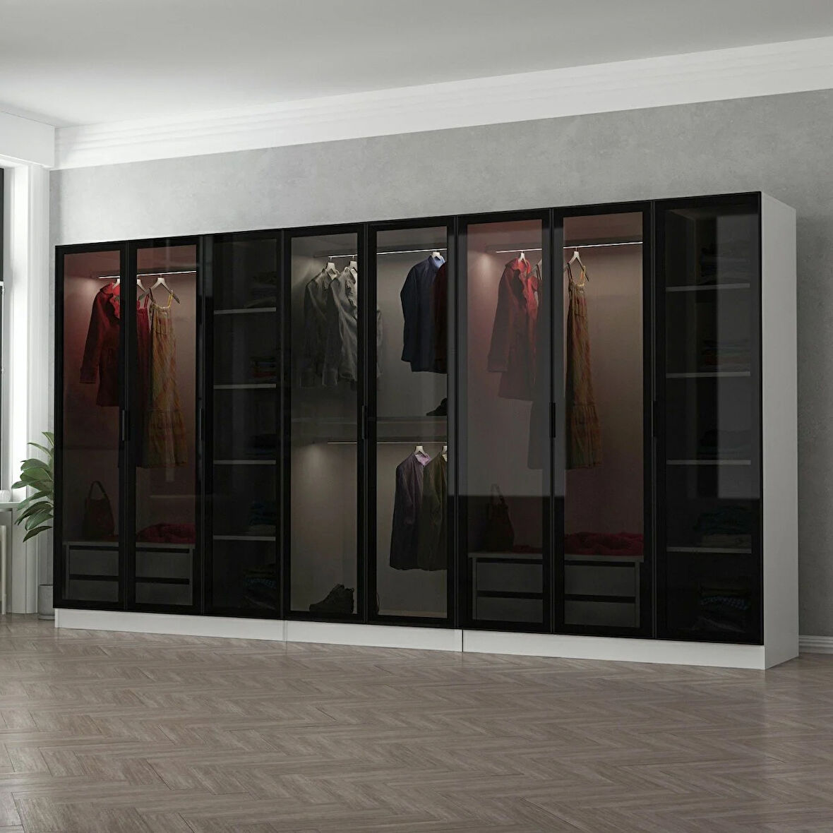 Minar Kale 8 Cam Kapaklı 4 Çekmeceli Dolap - Beyaz/Siyah 190CM