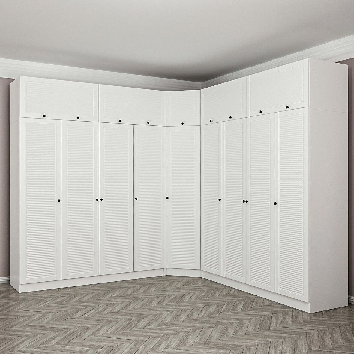 Minar Kale 9 Kapaklı 4 Ç Köşe Dolap + Yüklük Beyaz Mebran Panjur 190CM