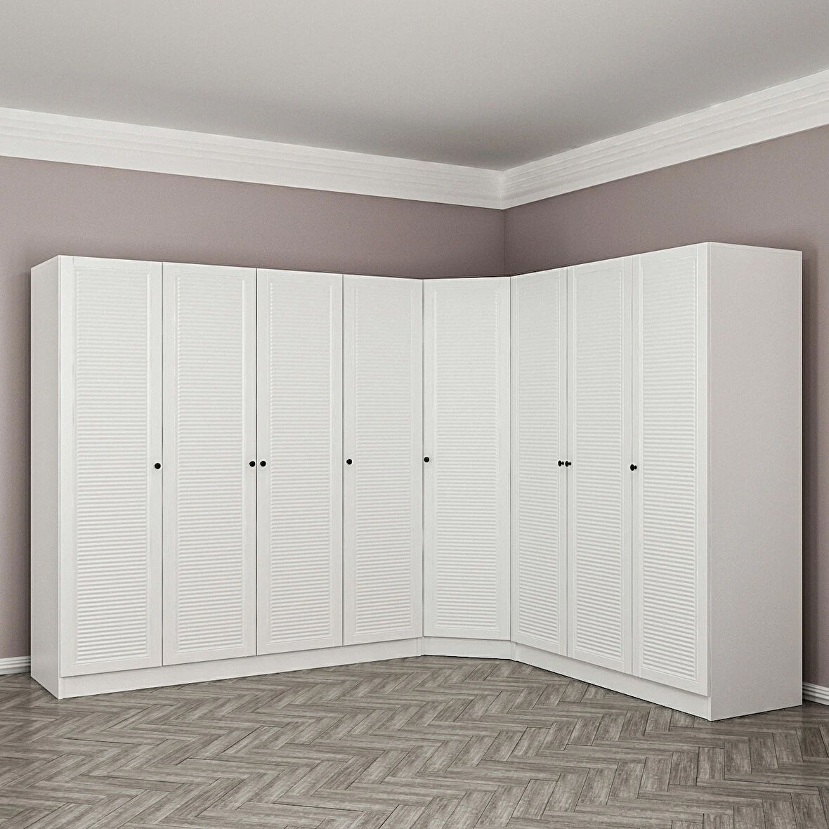 Minar Kale 8 Kapaklı 4 Çekmeceli Köşe Dolap Beyaz Mebran Panjur 210CM