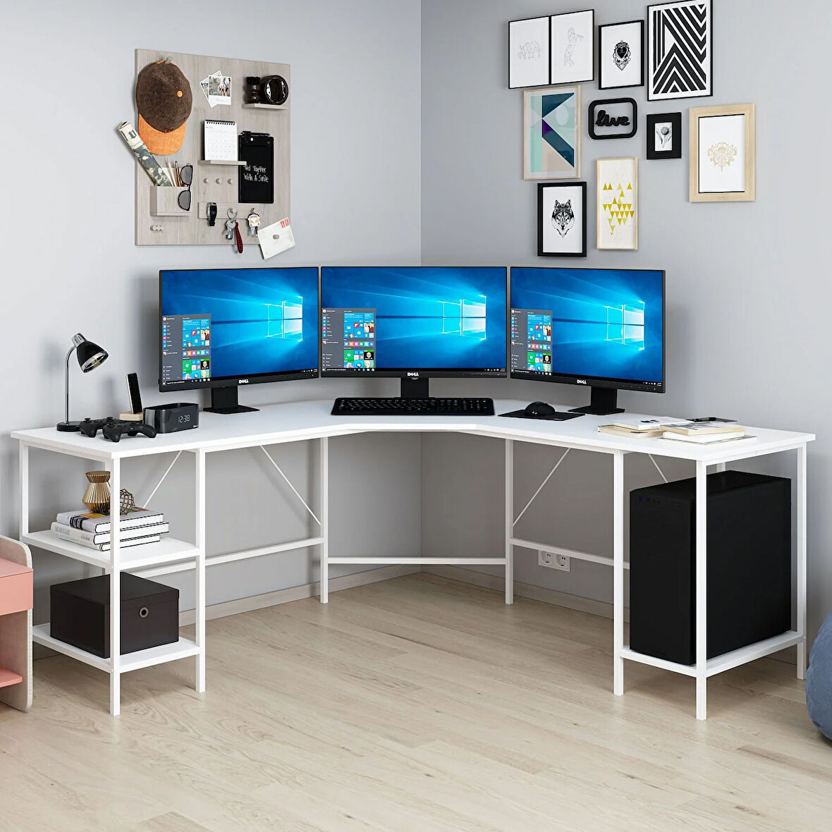 Power Raflı L Köşe Çalışma Masası - Beyaz