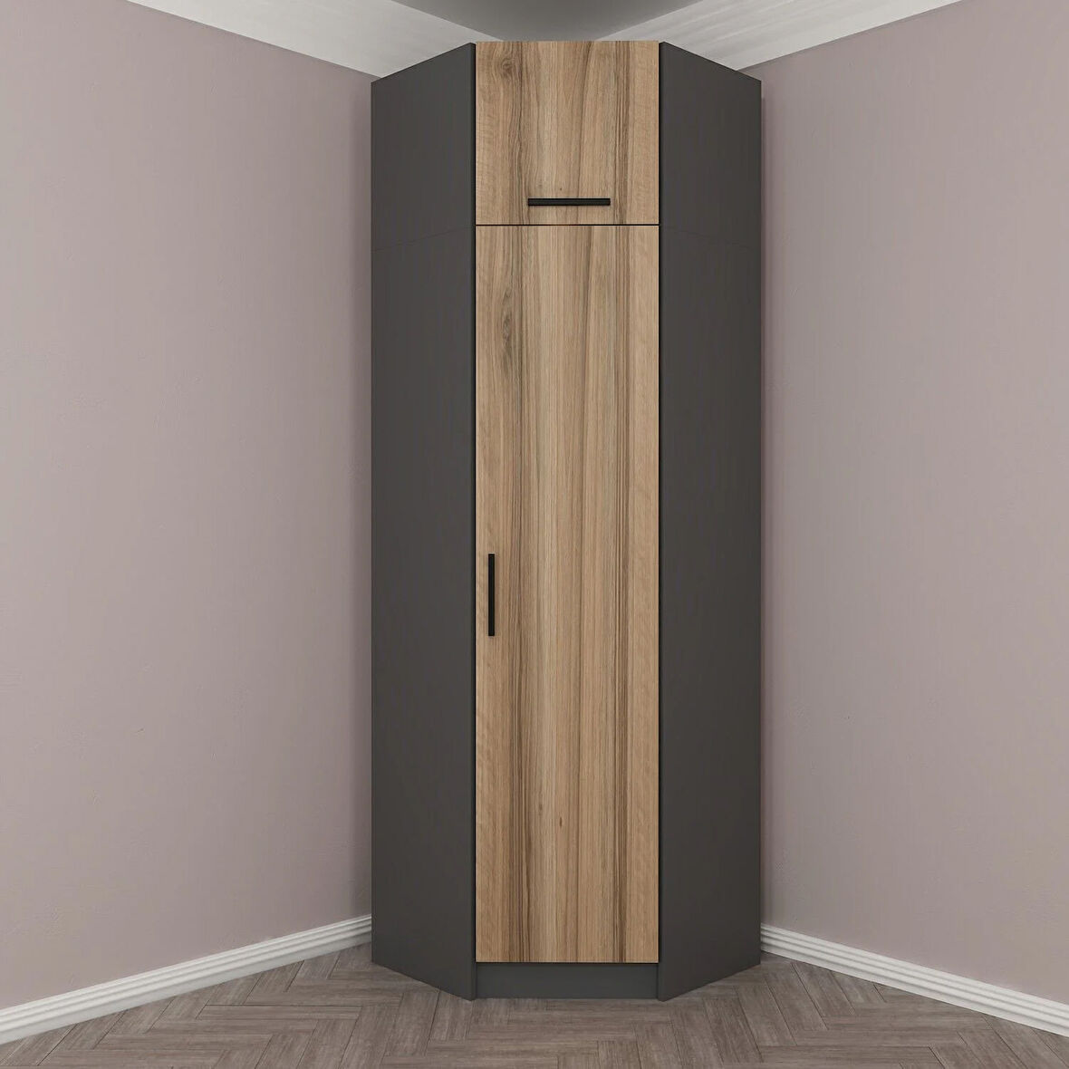 Kale 1 Kapaklı Köşe Dolap + Yüklük Antrasit Dore 255CM