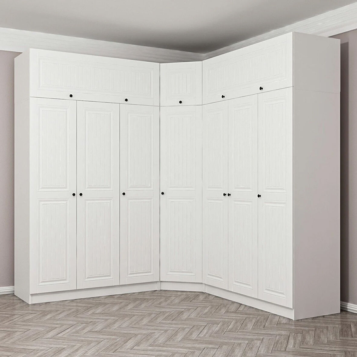 Minar Kale190 7 Kapaklı 4Ç Köşe Dolap + Yüklük Beyaz Mebran 235CM