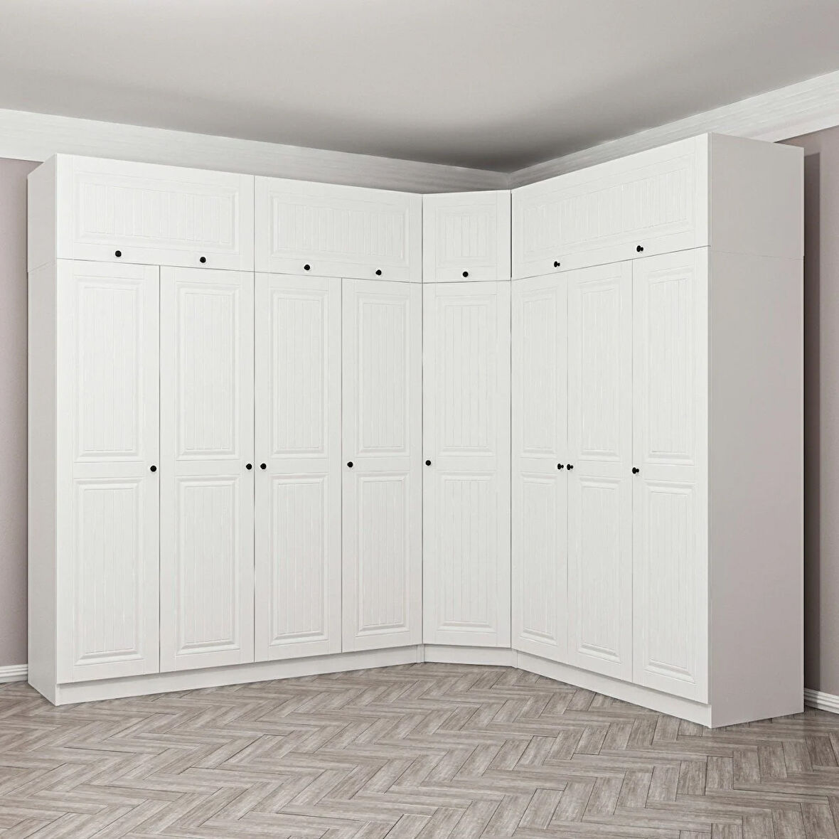 Minar Kale190 8 Kapaklı 4Ç Köşe Dolap + Yüklük Beyaz Mebran 235CM