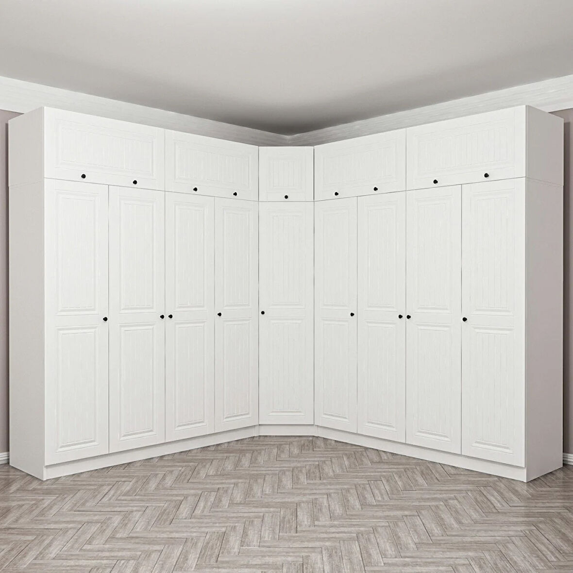 Minar Kale190 9 Kapaklı 4Ç Köşe Dolap + Yüklük Beyaz Mebran 255CM