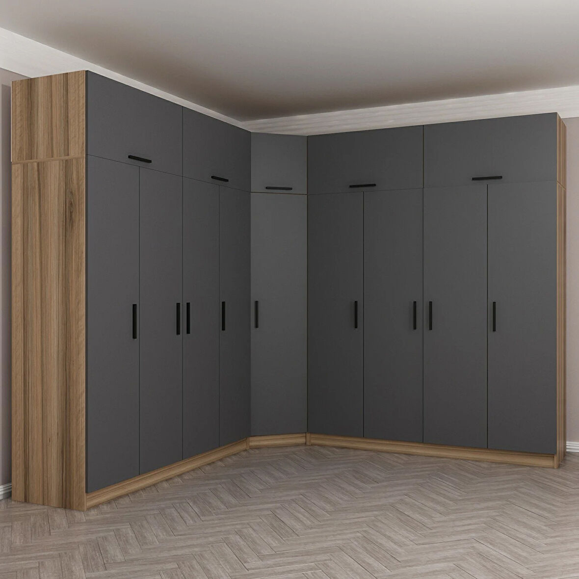 Minar Kale 9 Kapaklı 4 Ç Köşe Dolap + Yüklük Dore Antrasit 235CM