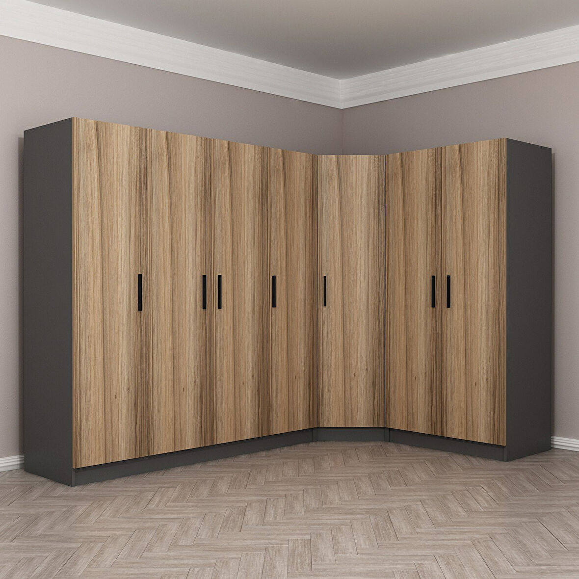 Minar Kale 7 Kapaklı 2 Ç Köşe Dolap Antrasit Dore 190CM