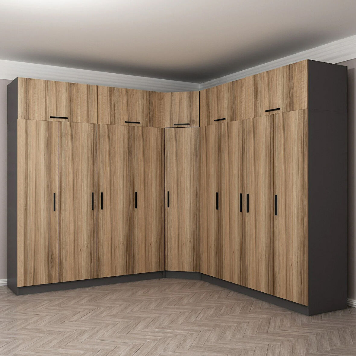 Minar Kale 9 Kapaklı 4 Ç Köşe Dolap + Yüklük Antrasit Dore 235CM