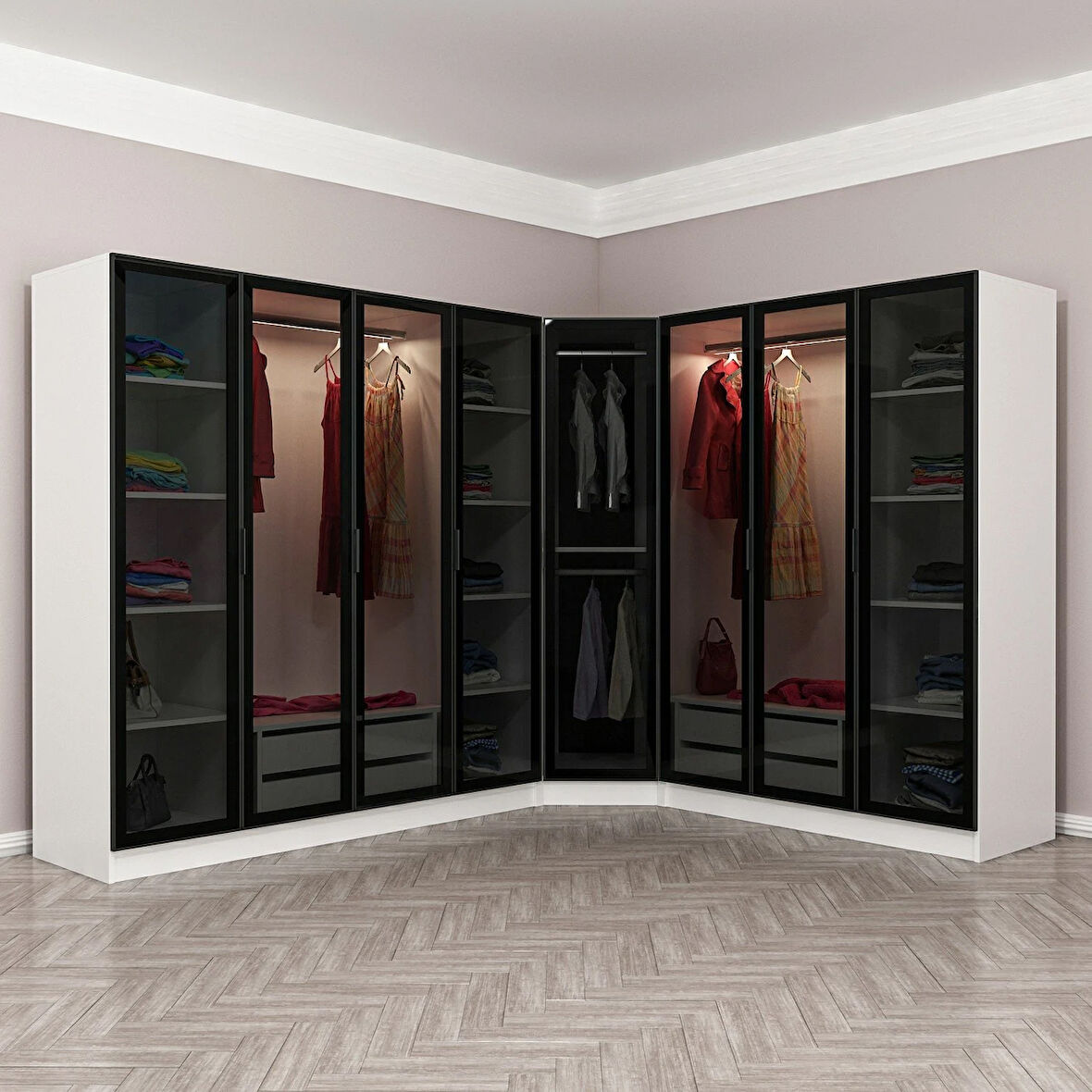 Kale 8 Füme Cam Kapaklı 4Ç Köşe Dolap Beyaz Füme Cam 210CM